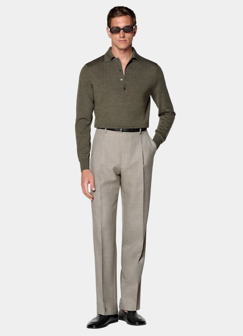 SUITSUPPLY Pure Wool Mid Green Merino Long Sleeve Polo