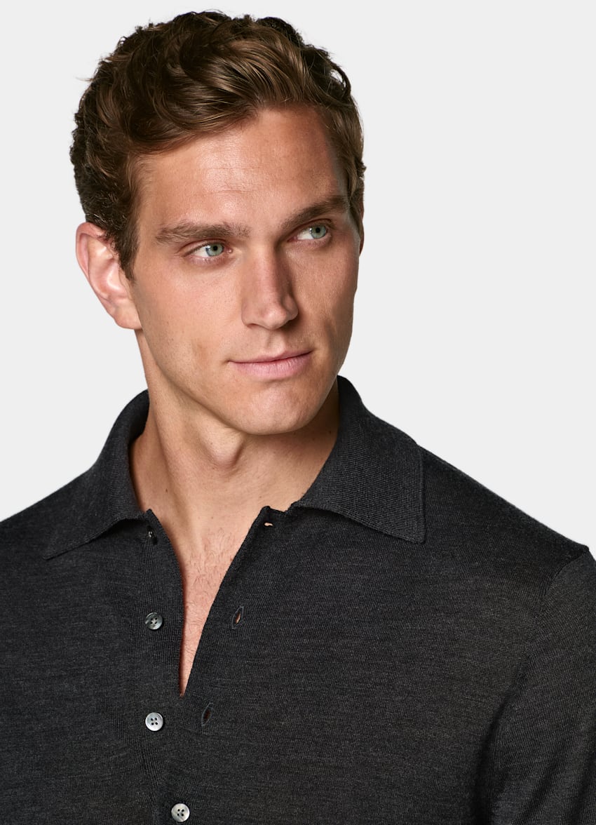 SUITSUPPLY Reine Schurwolle Merino Poloshirt Langarm dunkelgrau