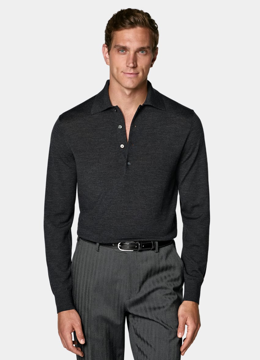 SUITSUPPLY Reine Schurwolle Merino Poloshirt Langarm dunkelgrau