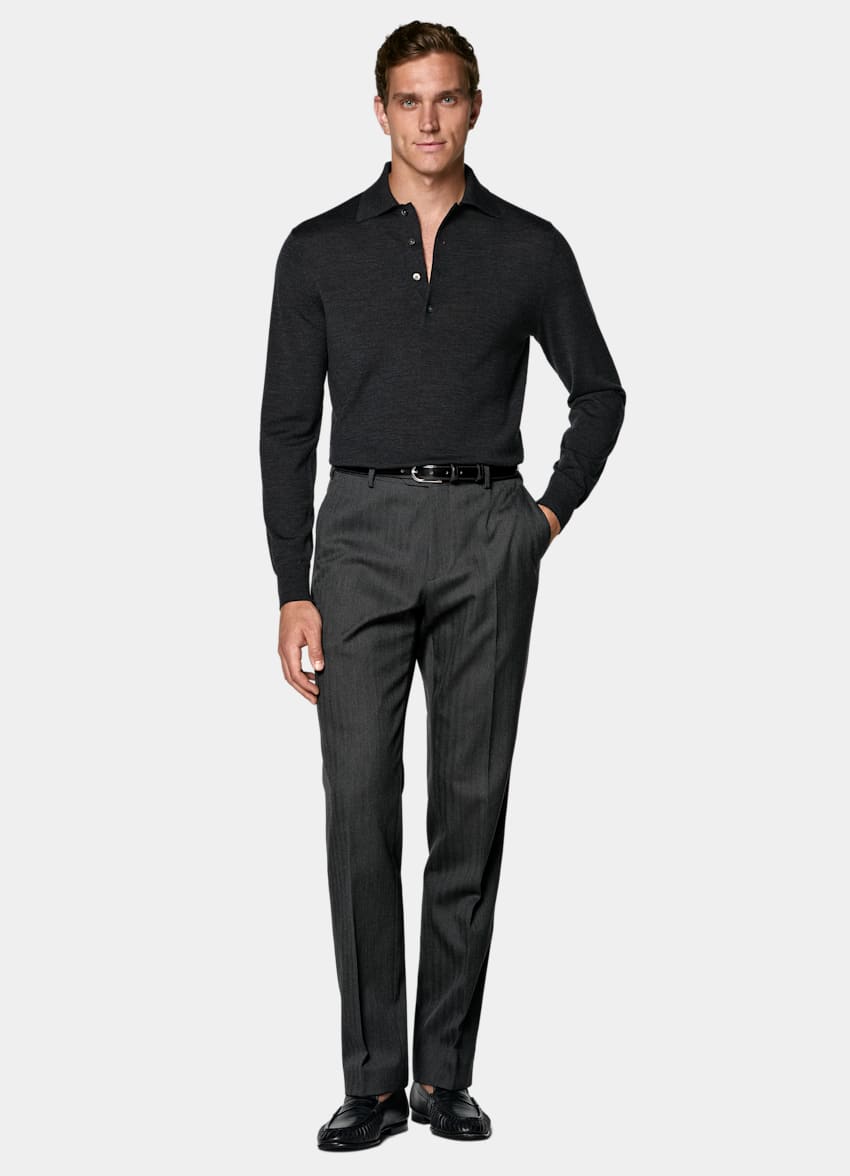 SUITSUPPLY Reine Schurwolle Merino Poloshirt Langarm dunkelgrau