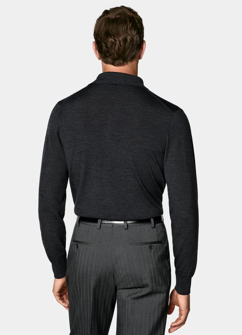 SUITSUPPLY Reine Schurwolle Merino Poloshirt Langarm dunkelgrau