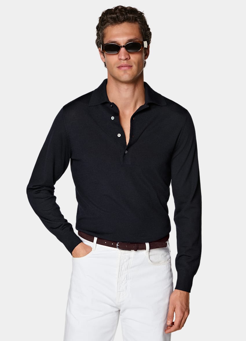 SUITSUPPLY Pure Wool Navy Merino Long Sleeve Polo