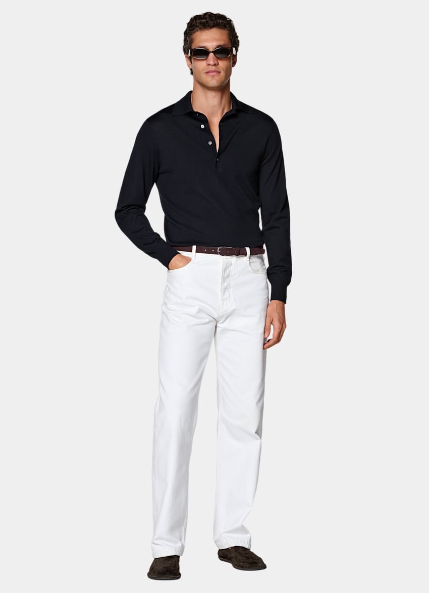 SUITSUPPLY Pure Wool Navy Merino Long Sleeve Polo