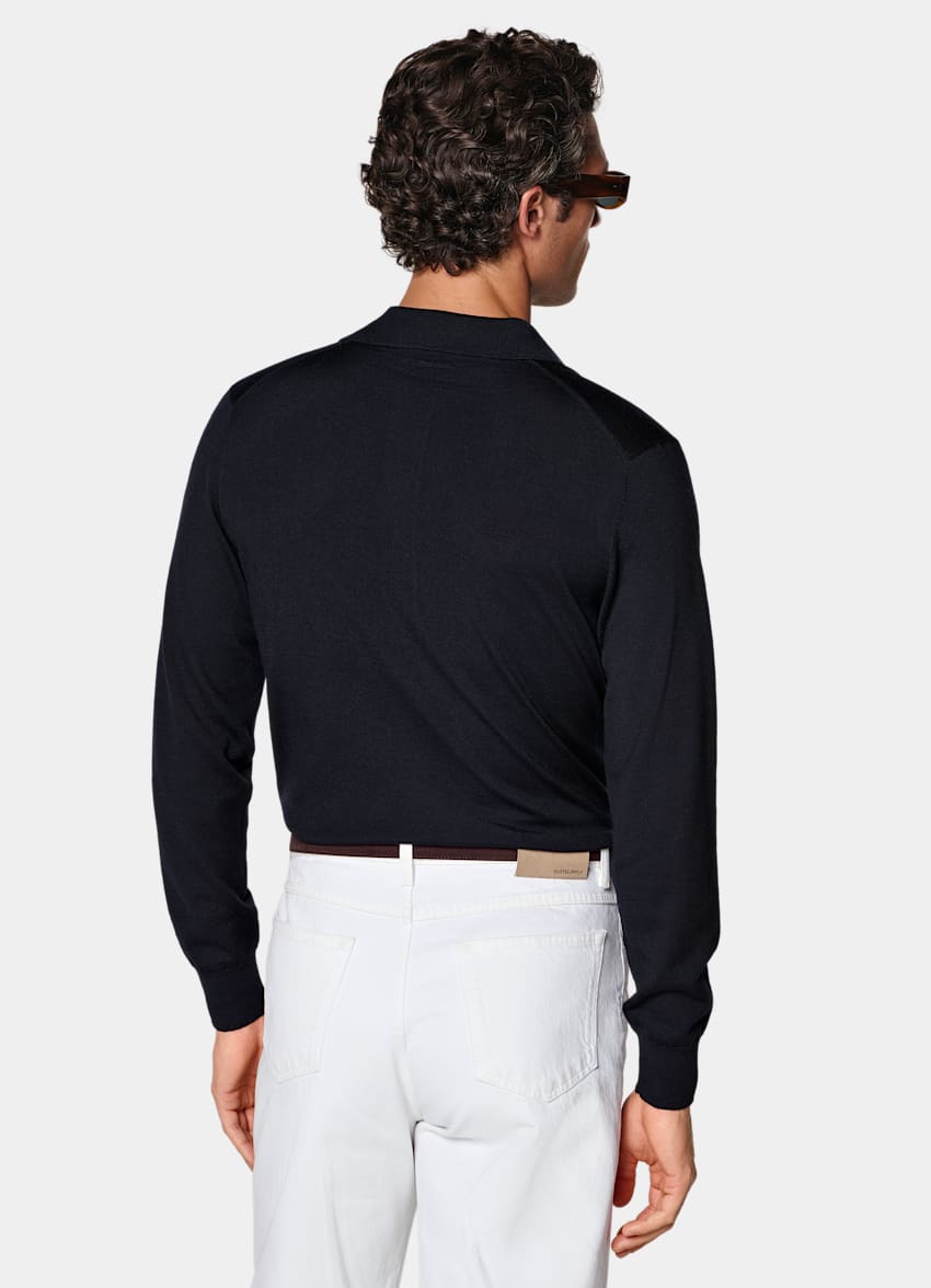 SUITSUPPLY Pure Wool Navy Merino Long Sleeve Polo