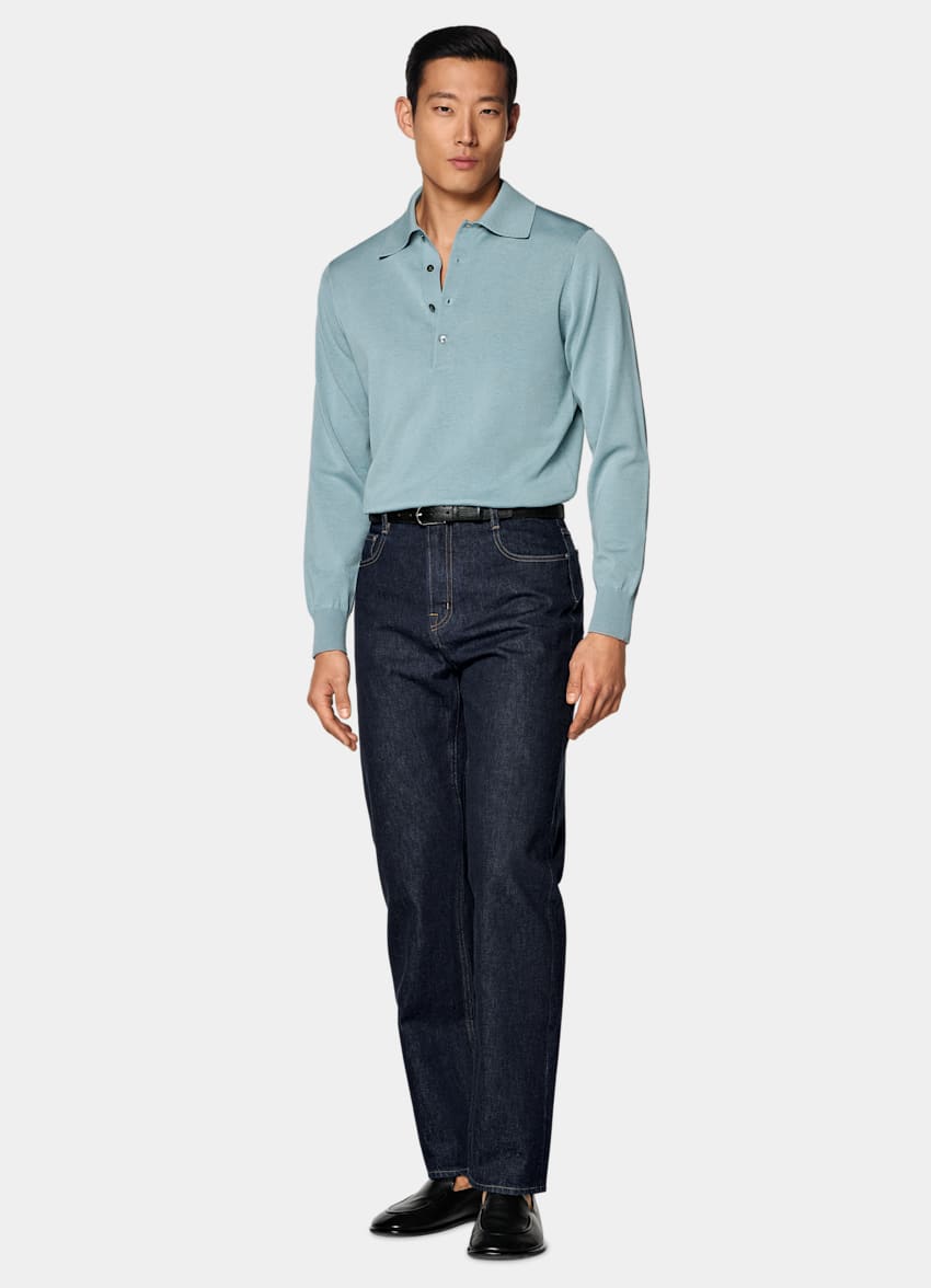 SUITSUPPLY Cotton Silk Light Blue Long Sleeve Polo