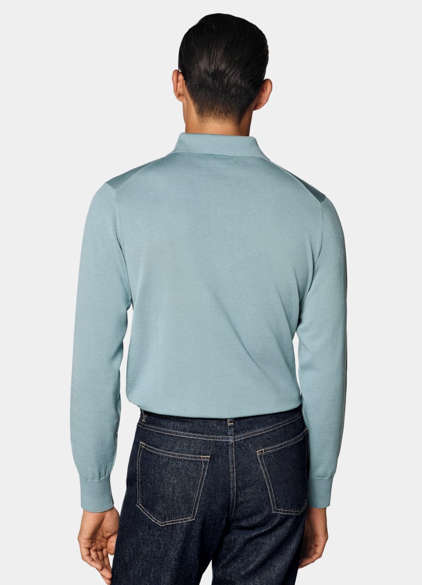 SUITSUPPLY Cotton Silk Light Blue Long Sleeve Polo