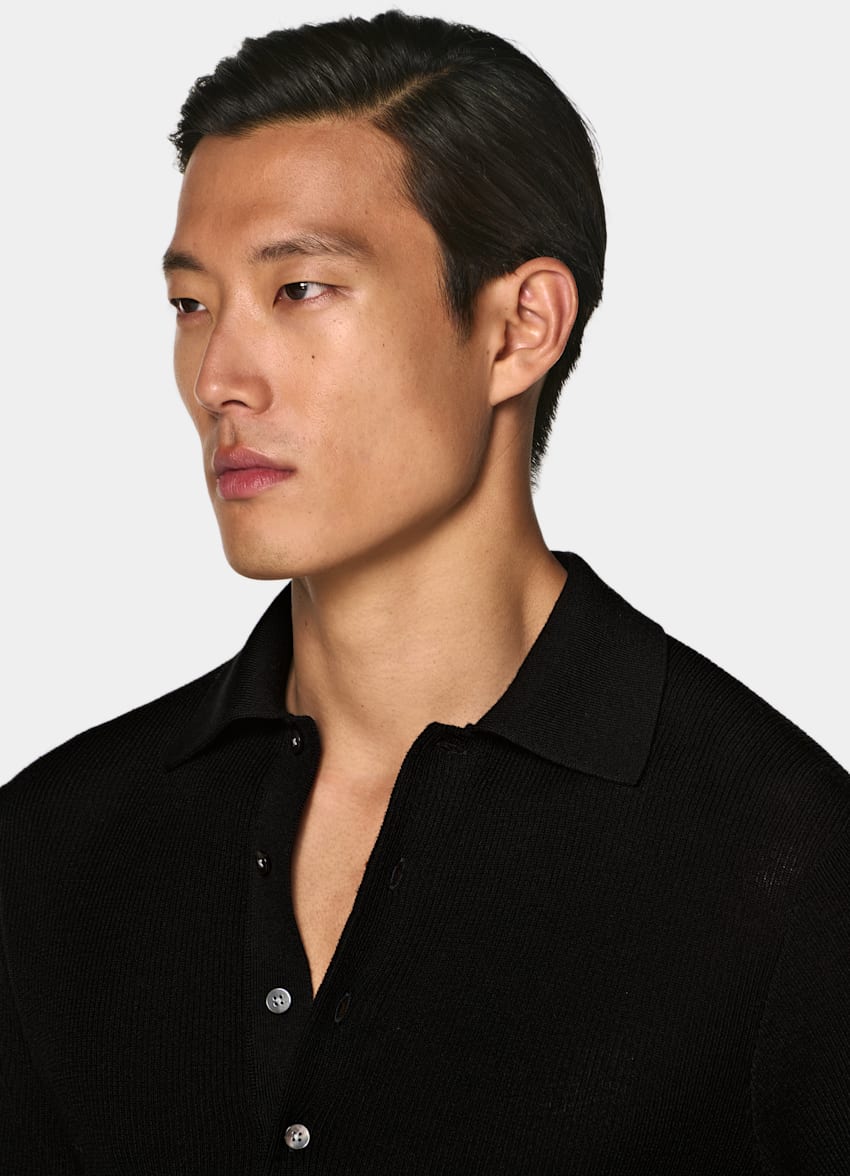 SUITSUPPLY Pure Wool Black Ribbed Merino Long Sleeve Polo