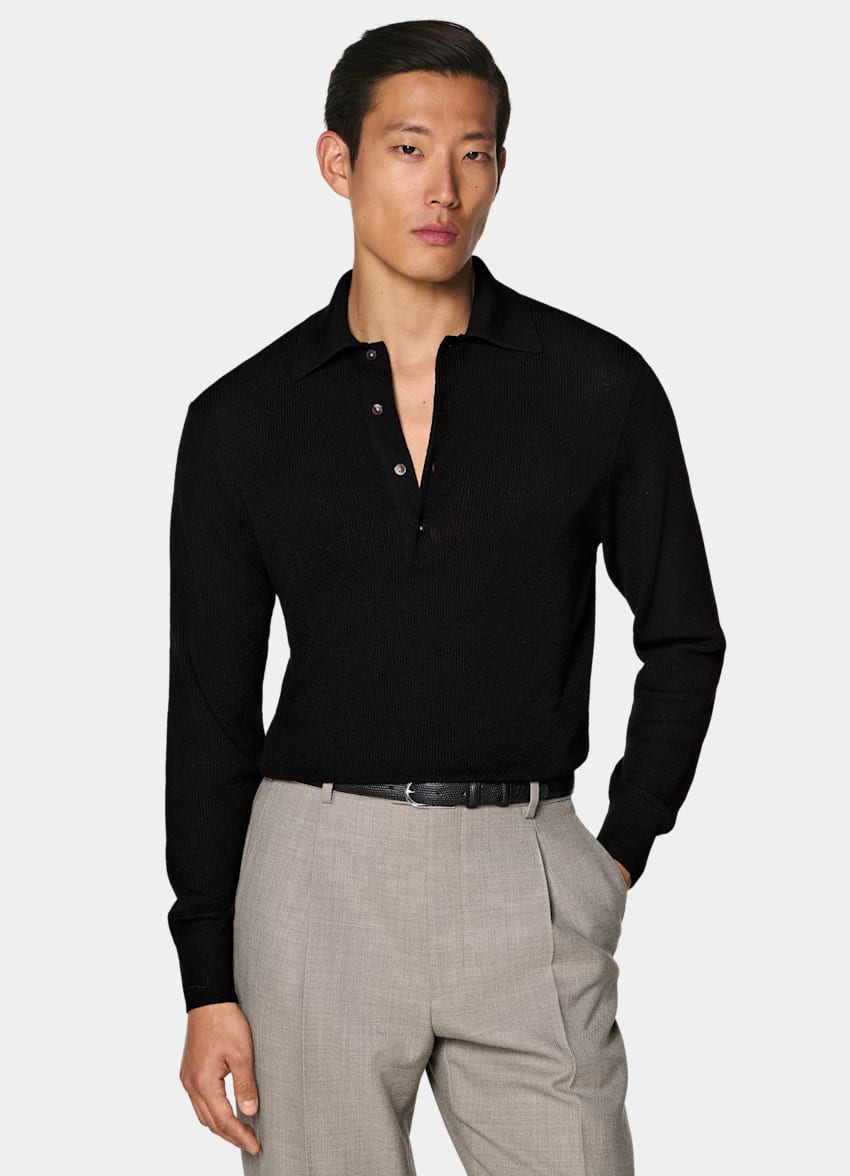 SUITSUPPLY Pure Wool Black Ribbed Merino Long Sleeve Polo