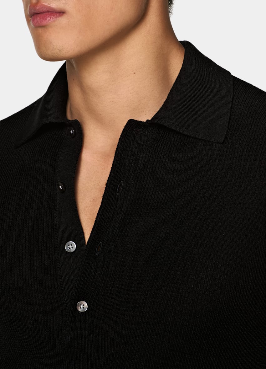 SUITSUPPLY Pure Wool Black Ribbed Merino Long Sleeve Polo