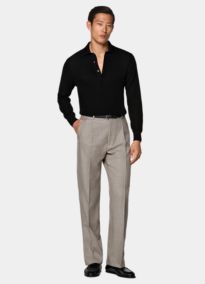 SUITSUPPLY Pure Wool Black Ribbed Merino Long Sleeve Polo