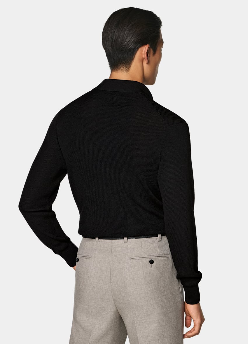 SUITSUPPLY Pure Wool Black Ribbed Merino Long Sleeve Polo