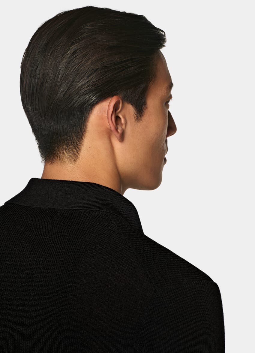 SUITSUPPLY Pure Wool Black Ribbed Merino Long Sleeve Polo