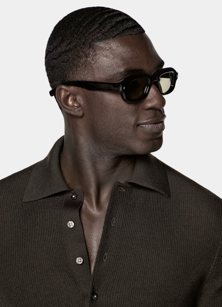 SUITSUPPLY Pura lana Polo in merino a maniche lunghe marrone scuro a coste