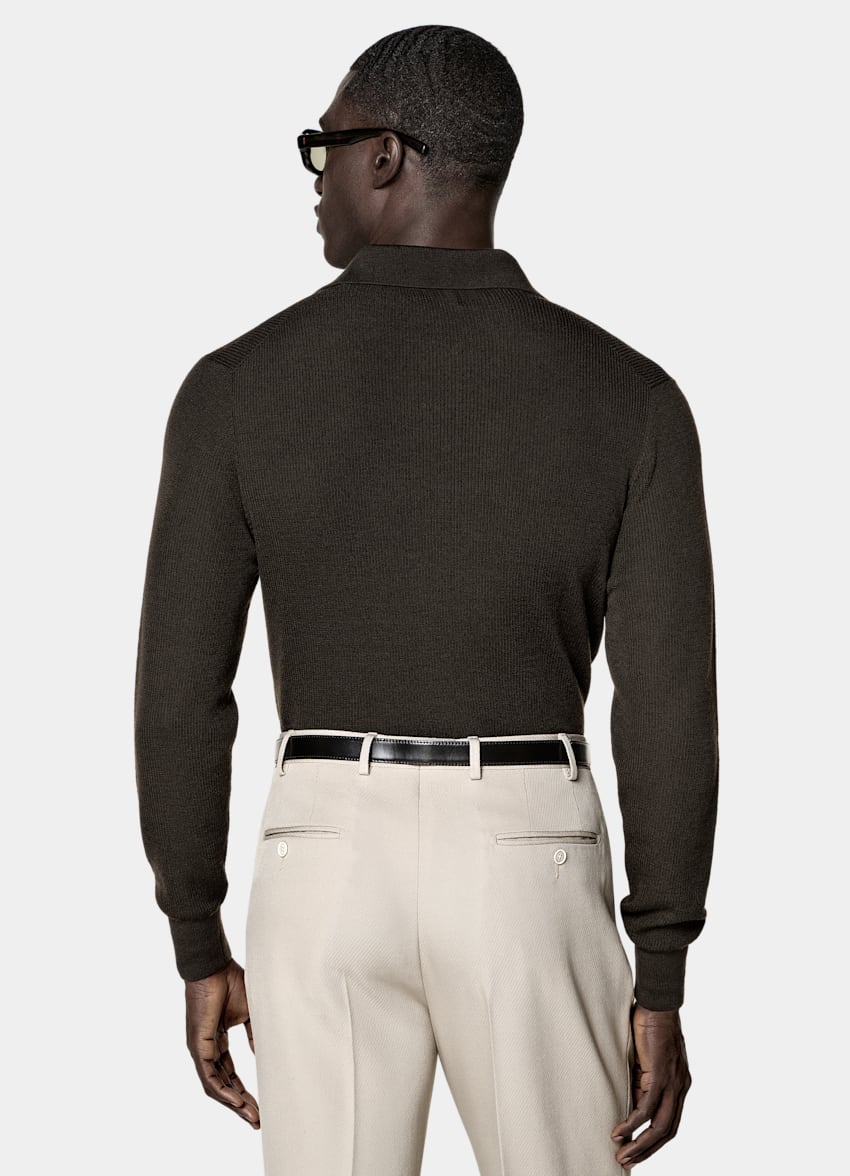 SUITSUPPLY Pura lana Polo in merino a maniche lunghe marrone scuro a coste