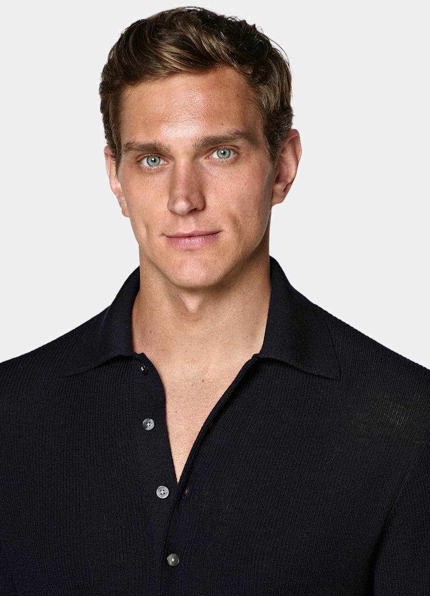 SUITSUPPLY Pure Wool Navy Ribbed Merino Long Sleeve Polo