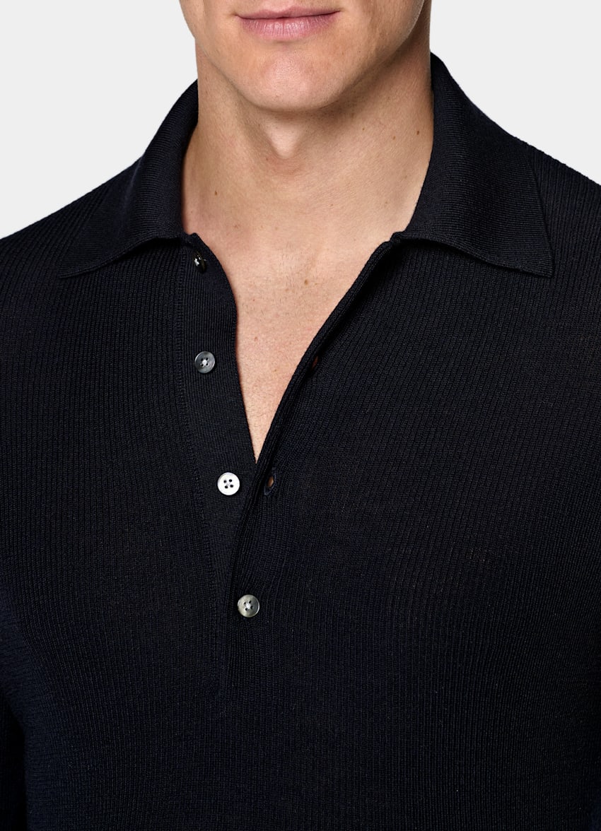 SUITSUPPLY Pure Wool Navy Ribbed Merino Long Sleeve Polo