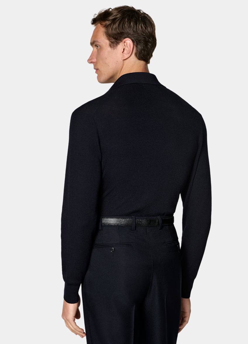 SUITSUPPLY Pure Wool Navy Ribbed Merino Long Sleeve Polo
