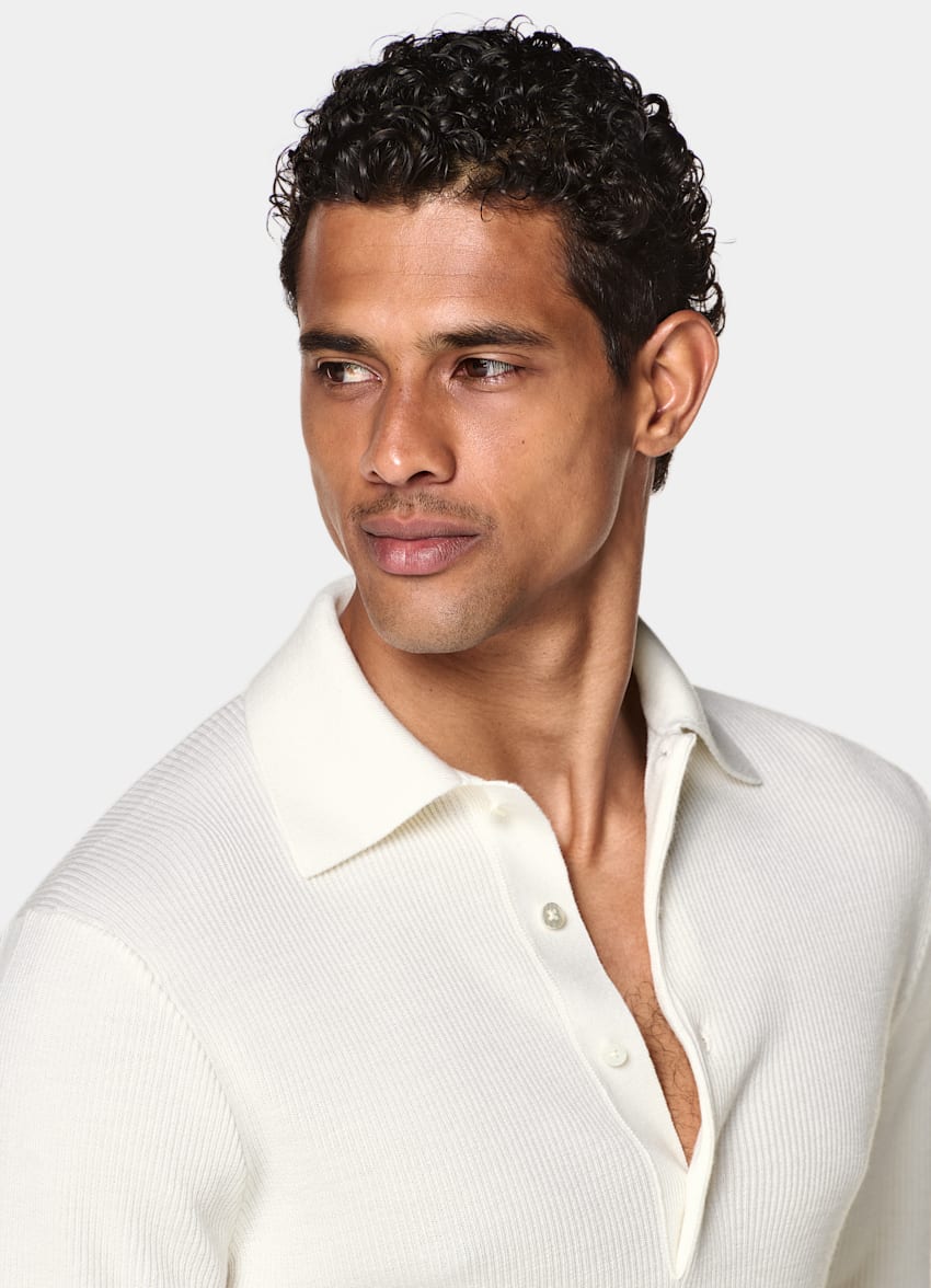 SUITSUPPLY Pure Wool Off-White Ribbed Merino Long Sleeve Polo