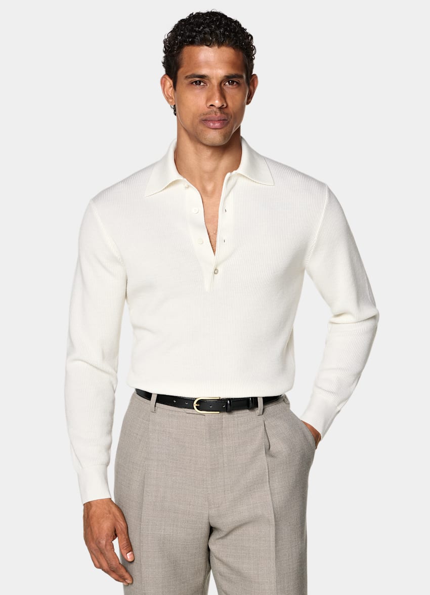 SUITSUPPLY Pure Wool Off-White Ribbed Merino Long Sleeve Polo