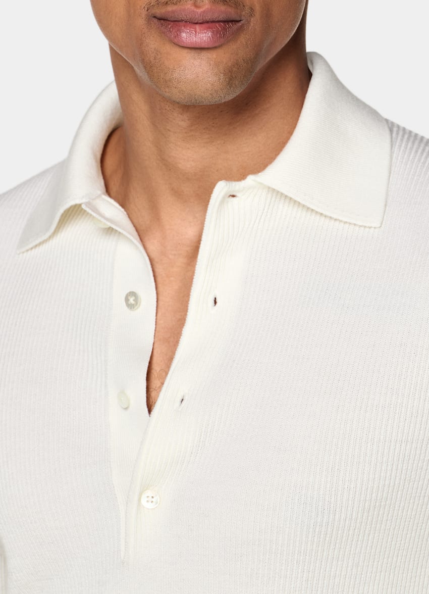 SUITSUPPLY Pure Wool Off-White Ribbed Merino Long Sleeve Polo