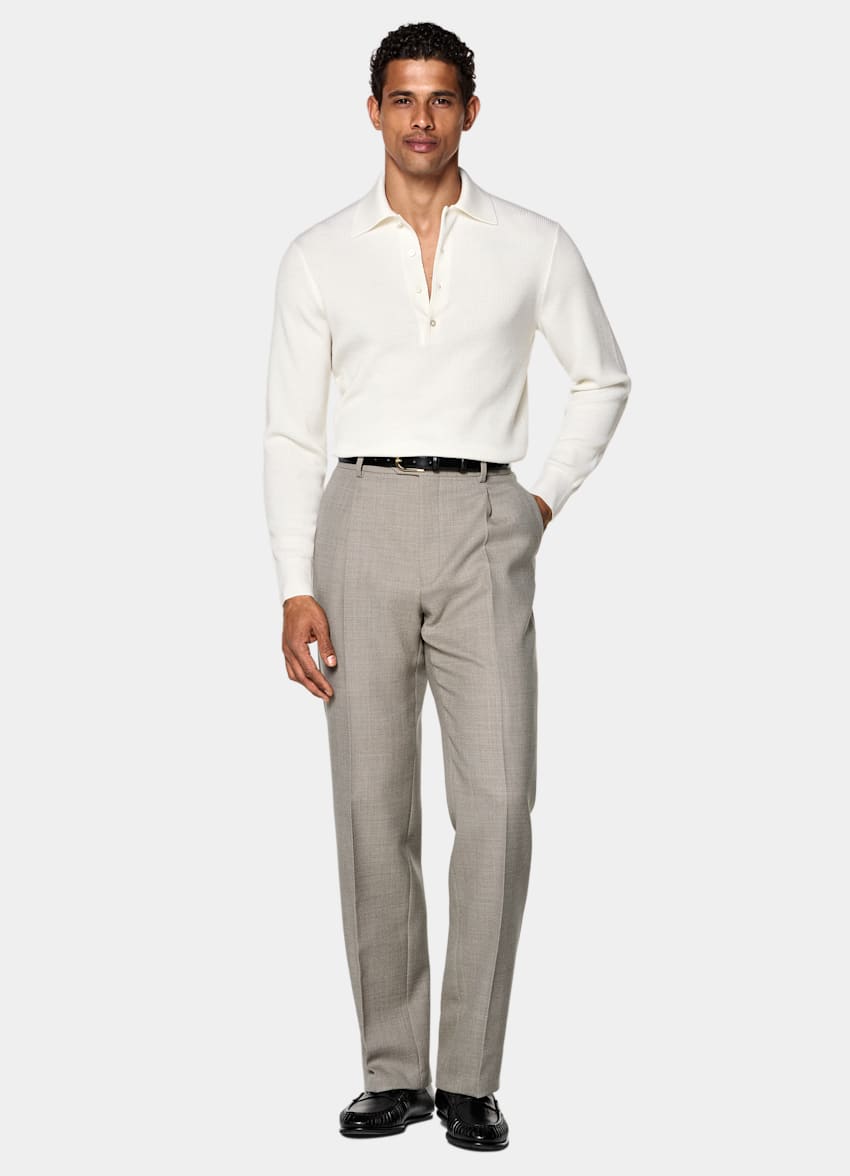 SUITSUPPLY Pure Wool Off-White Ribbed Merino Long Sleeve Polo