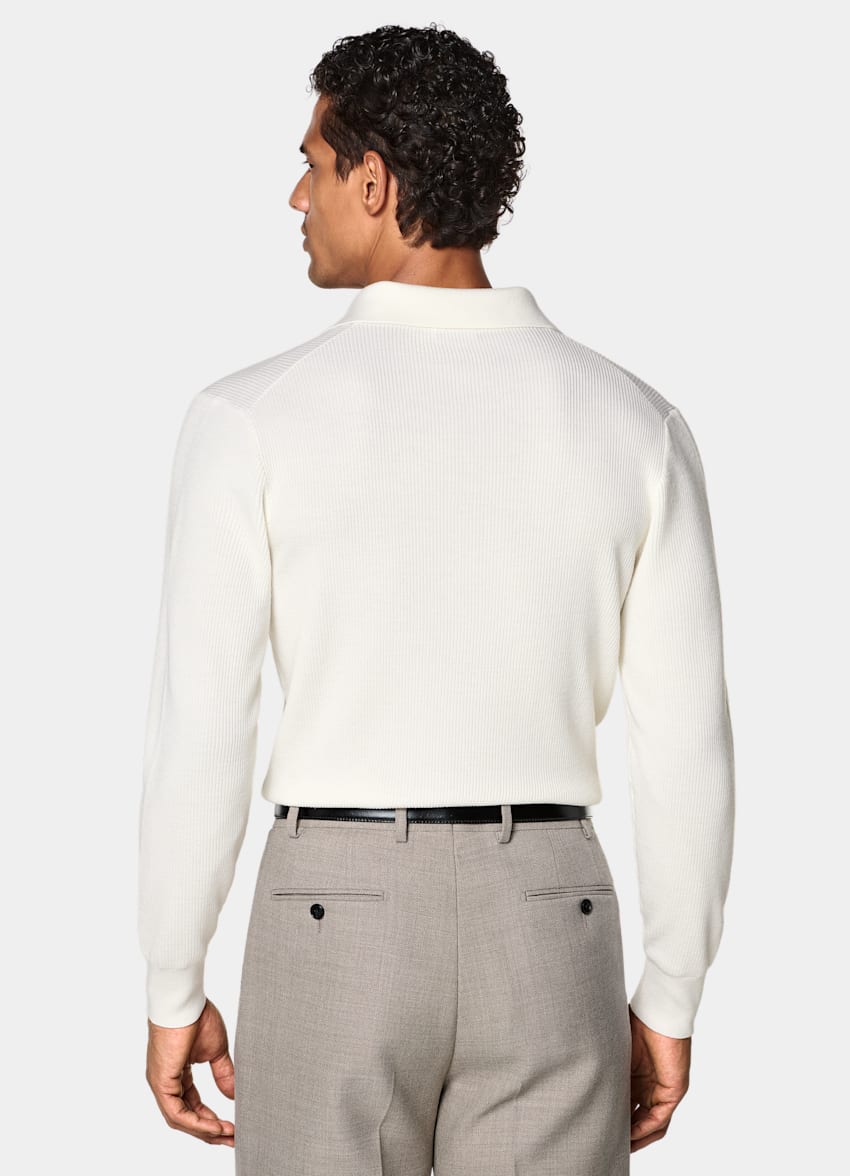 SUITSUPPLY Pure Wool Off-White Ribbed Merino Long Sleeve Polo