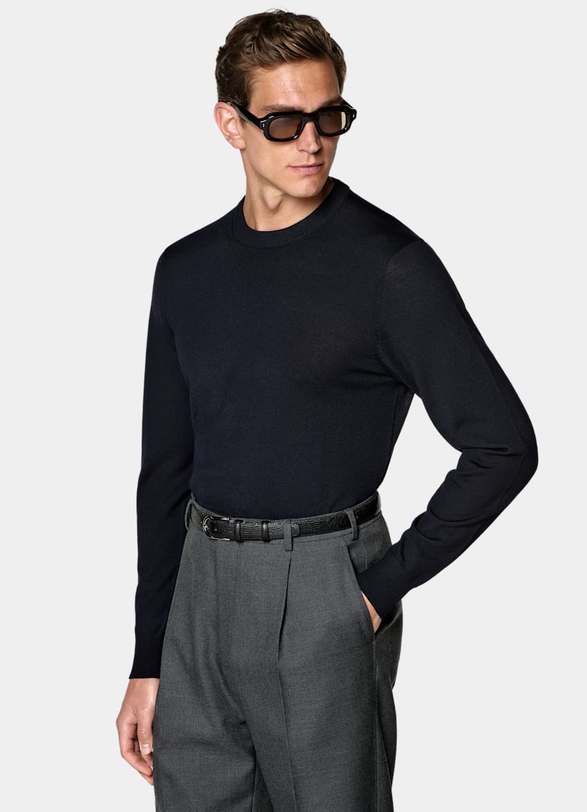 SUITSUPPLY Reine Wolle Rundhalspullover navy