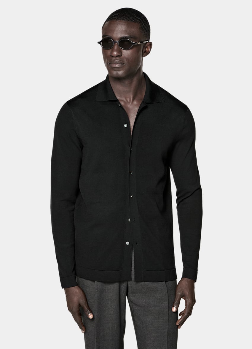 Black Long Sleeve Polo Cardigan in Californian Cotton
