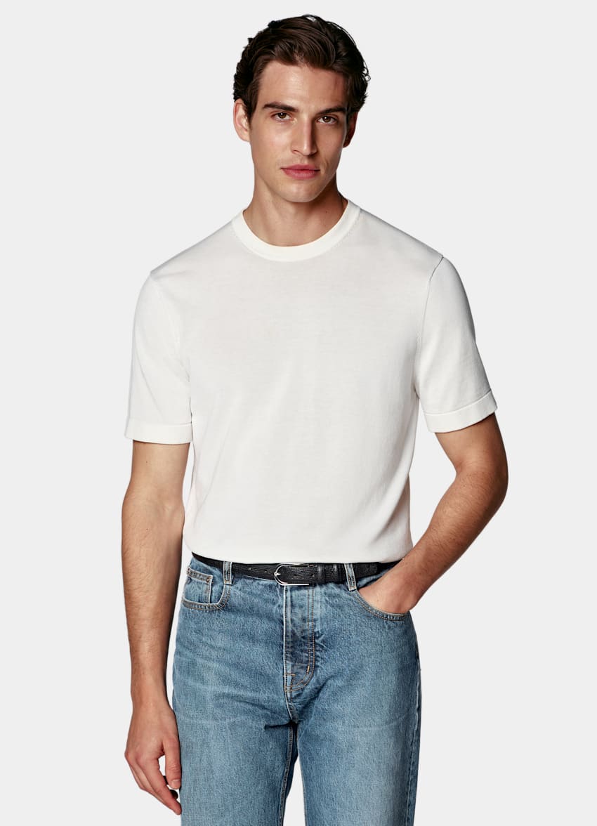 SUITSUPPLY Cotton Silk Off-White Short Sleeve Crewneck