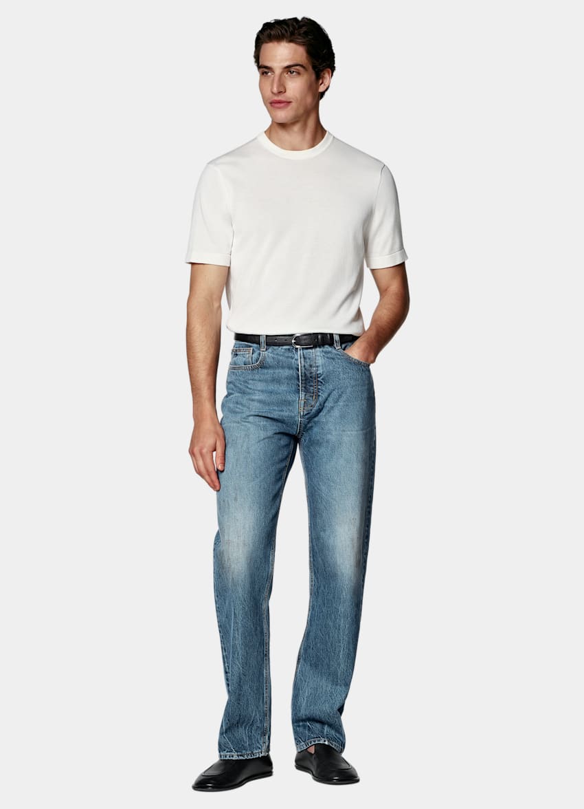 SUITSUPPLY Cotton Silk Off-White Short Sleeve Crewneck