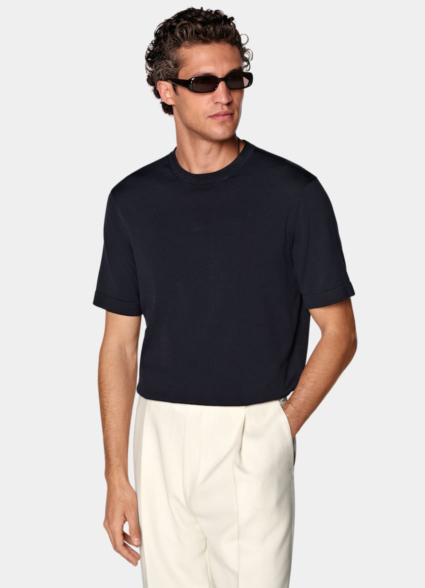 SUITSUPPLY Cotton Silk Navy Short Sleeve Crewneck