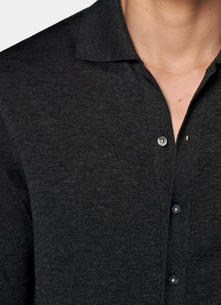 Dark Grey Long Sleeve Polo Cardigan in Californian Cotton