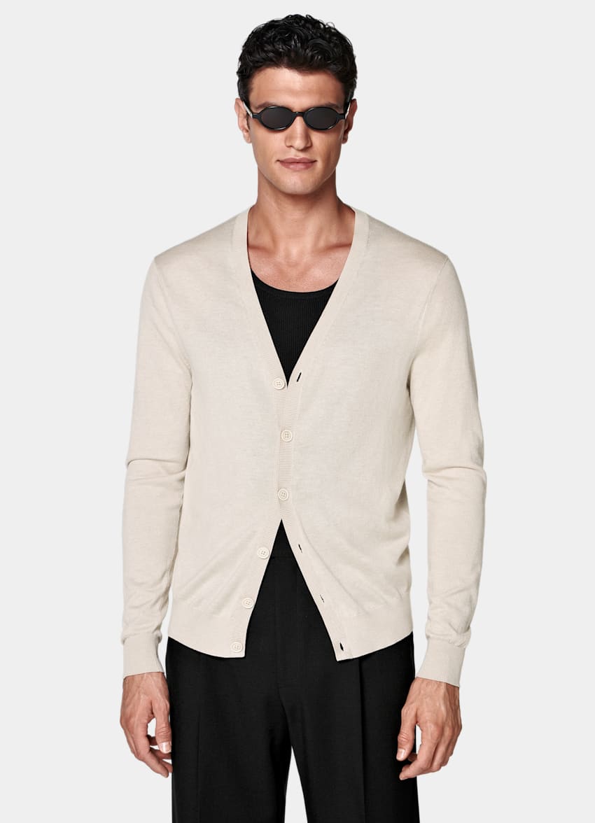 SUITSUPPLY Silk Wool Cashmere Sand V-Neck Cardigan