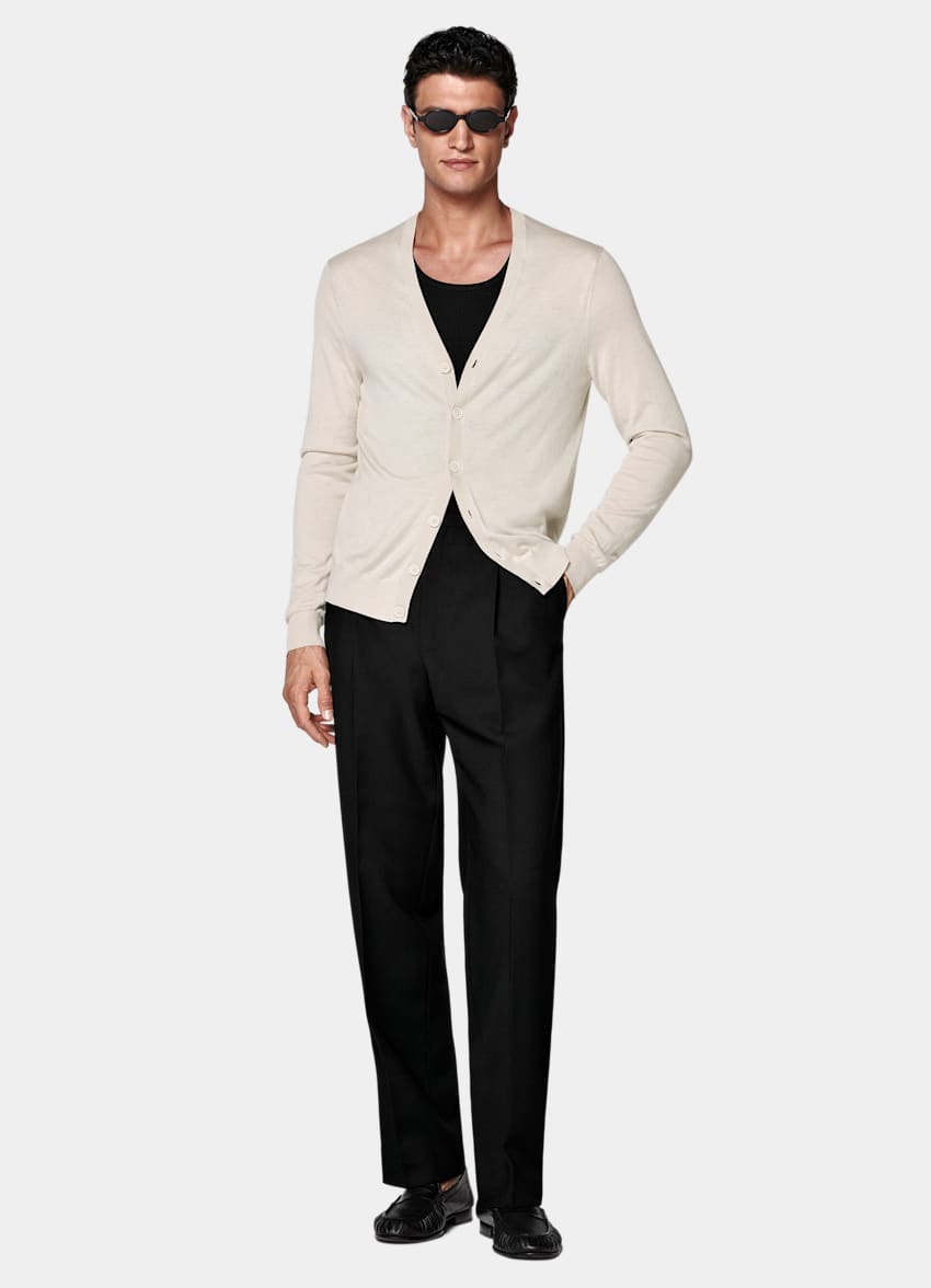 SUITSUPPLY Silk Wool Cashmere Sand V-Neck Cardigan