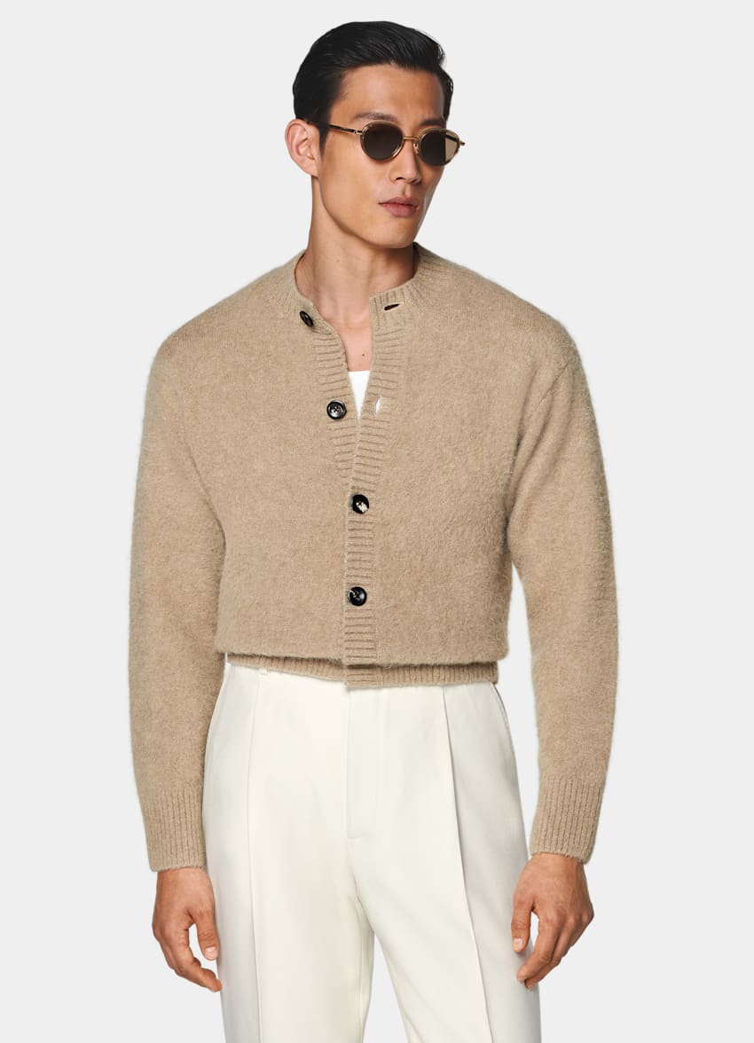 Mid Brown Crewneck Cardigan in Alpaca Blend | SUITSUPPLY