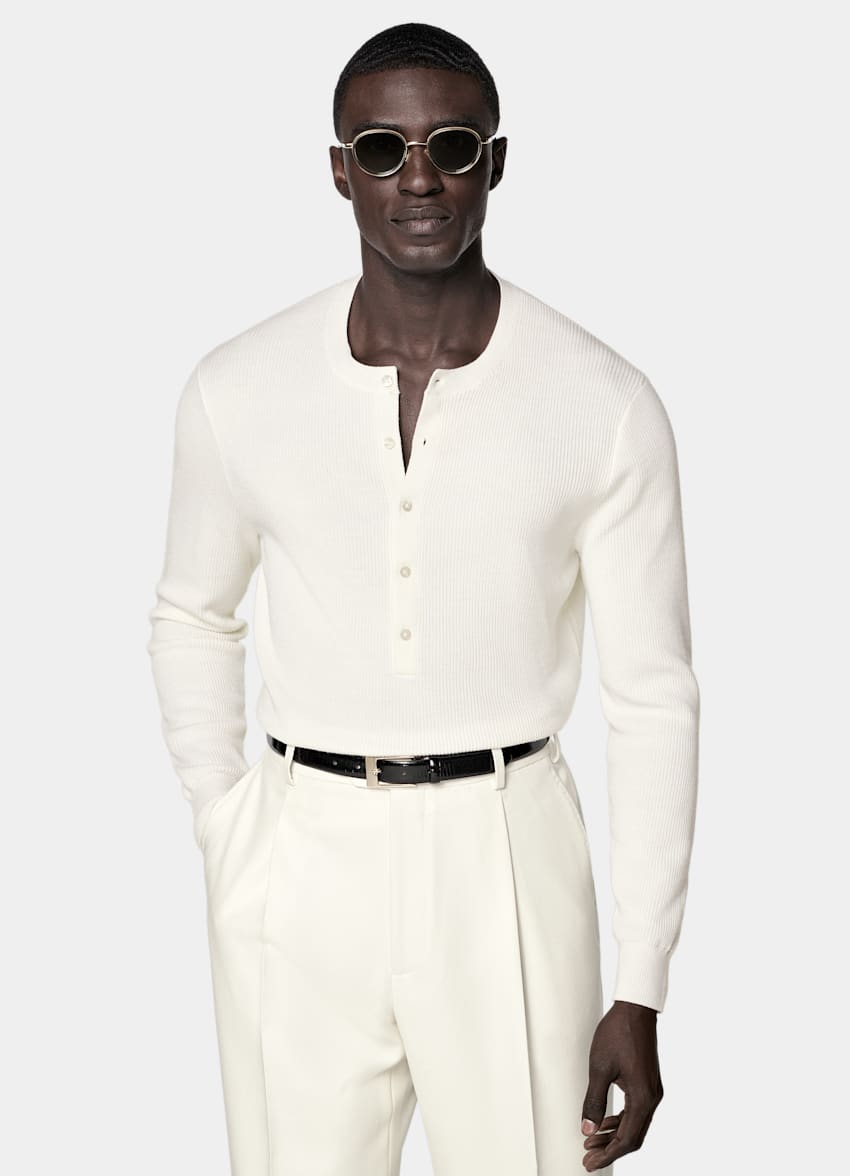 SUITSUPPLY Pure Wool Off-White Ribbed Henley