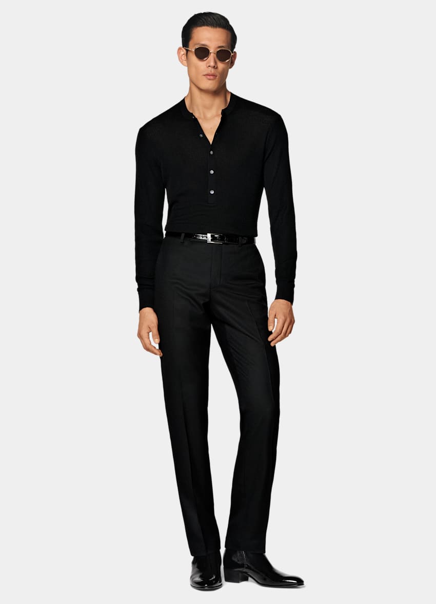 SUITSUPPLY Ren ull Svart ribbad henley