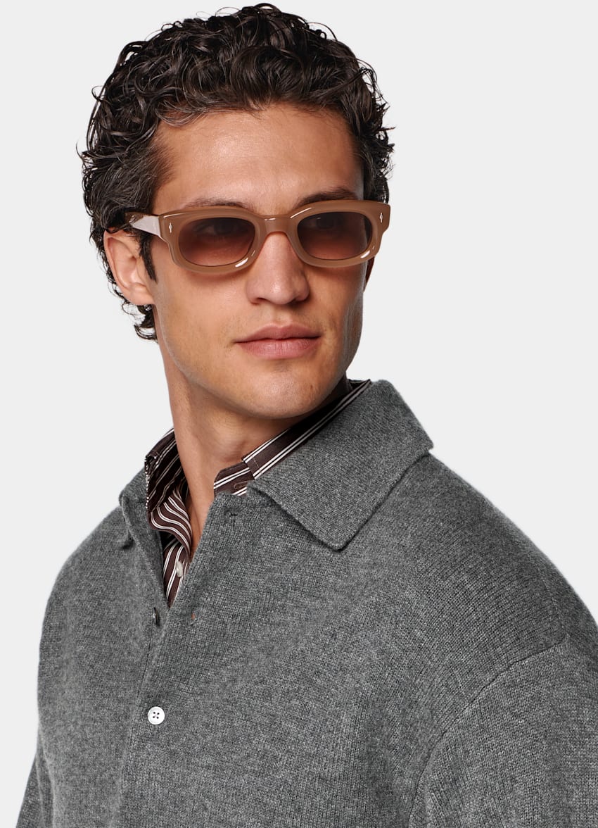 SUITSUPPLY Pure Cashmere Mid Grey Long Sleeve Polo