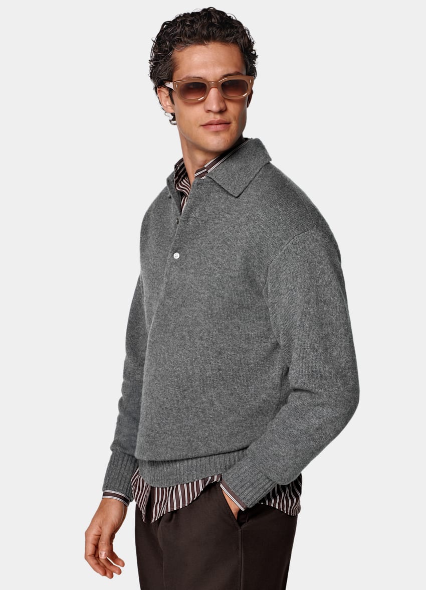 SUITSUPPLY Pure Cashmere Mid Grey Long Sleeve Polo