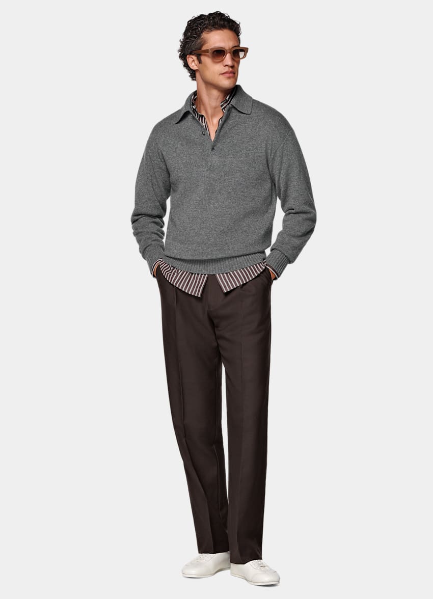 SUITSUPPLY Pure Cashmere Mid Grey Long Sleeve Polo