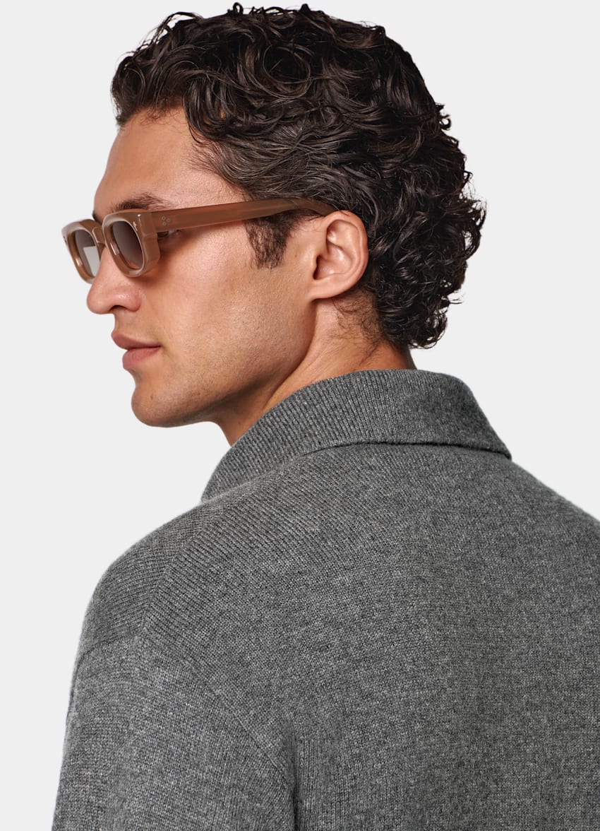 SUITSUPPLY Pure Cashmere Mid Grey Long Sleeve Polo