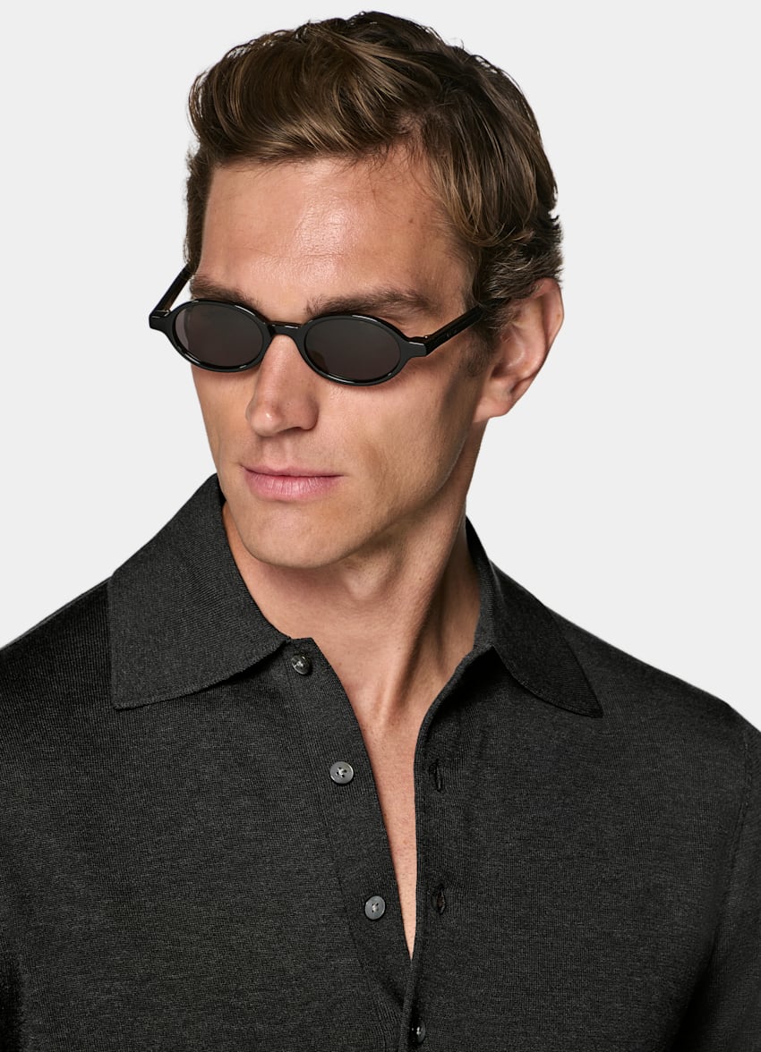 SUITSUPPLY Cotton Silk Dark Grey Long Sleeve Polo