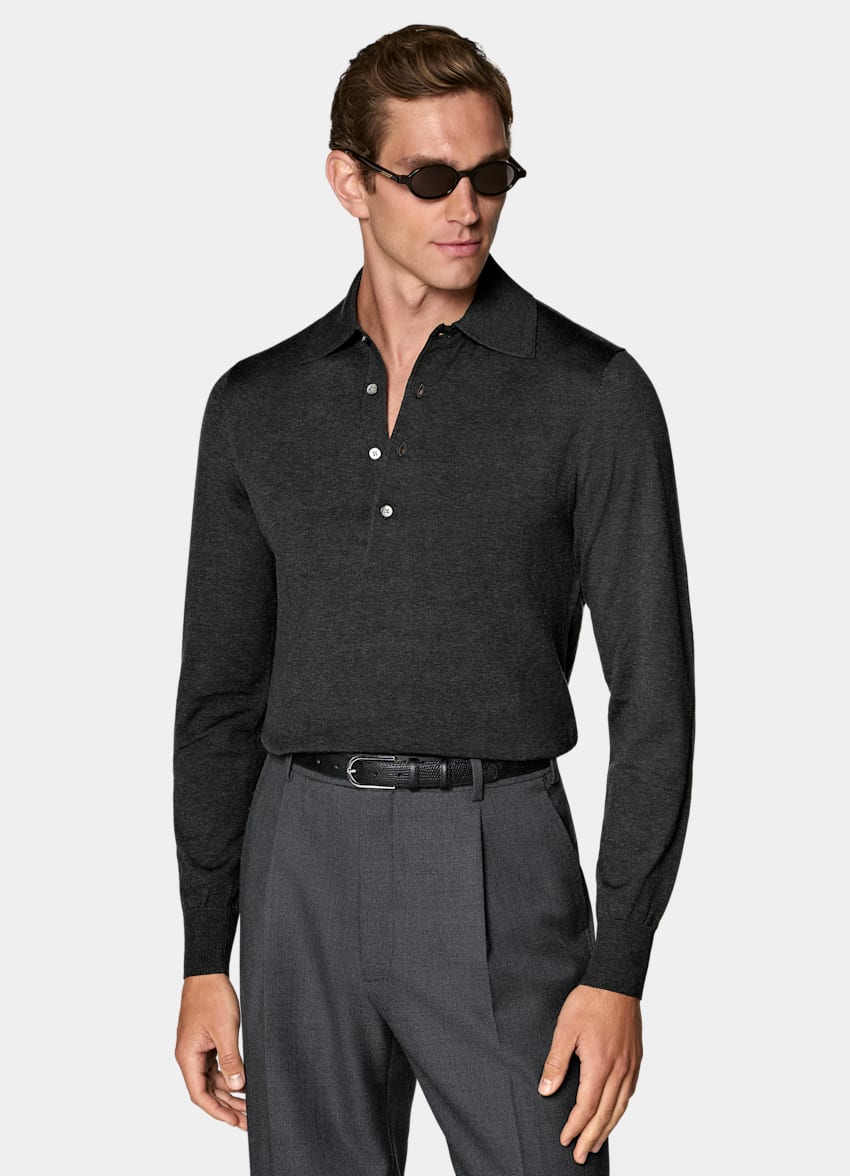 SUITSUPPLY Cotton Silk Dark Grey Long Sleeve Polo