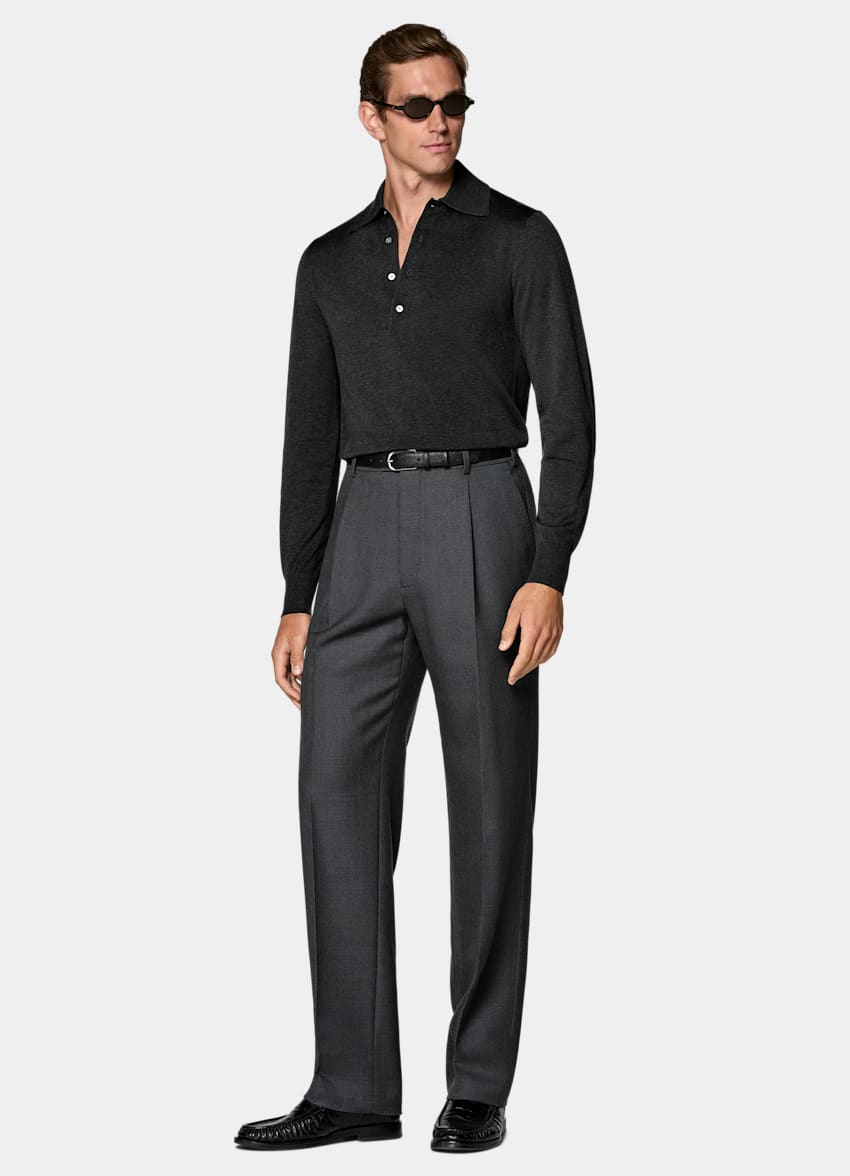 SUITSUPPLY Cotton Silk Dark Grey Long Sleeve Polo