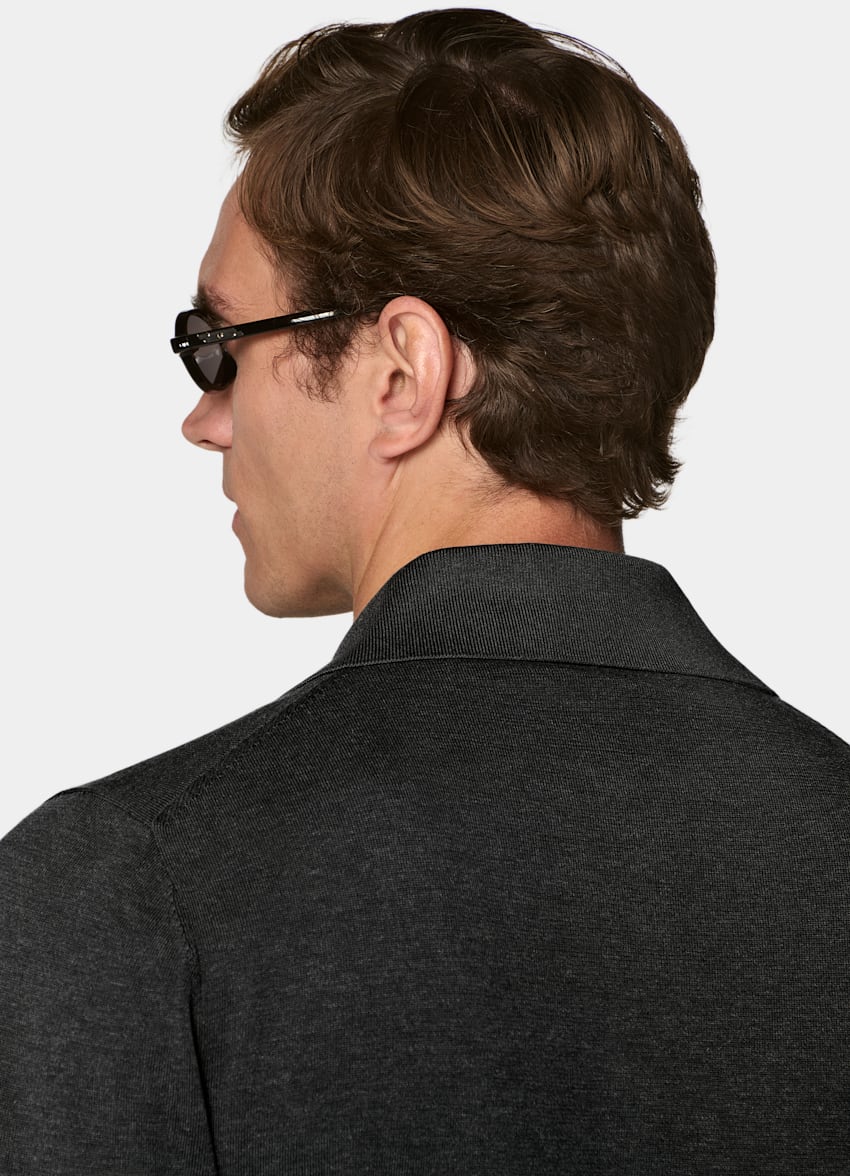 SUITSUPPLY Cotton Silk Dark Grey Long Sleeve Polo