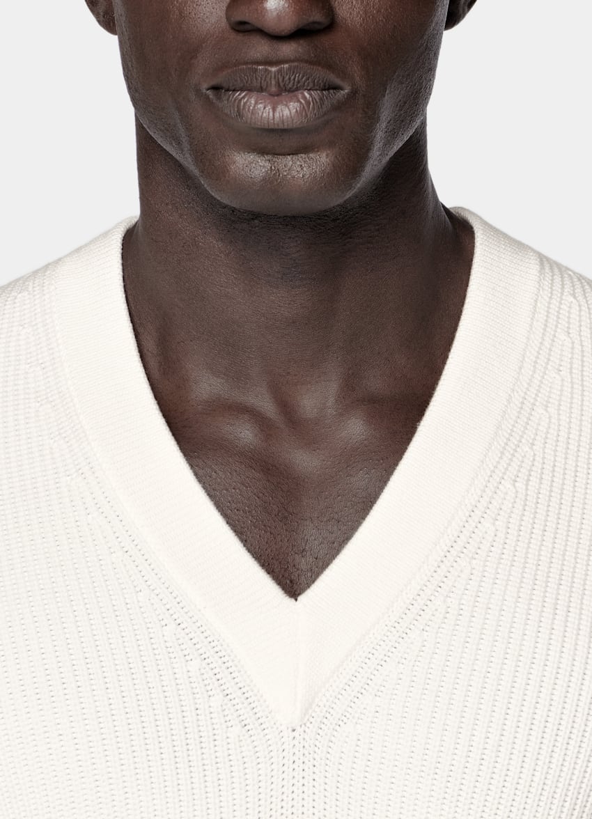 SUITSUPPLY Pure Cotton Off-White Ribbed V-Neck