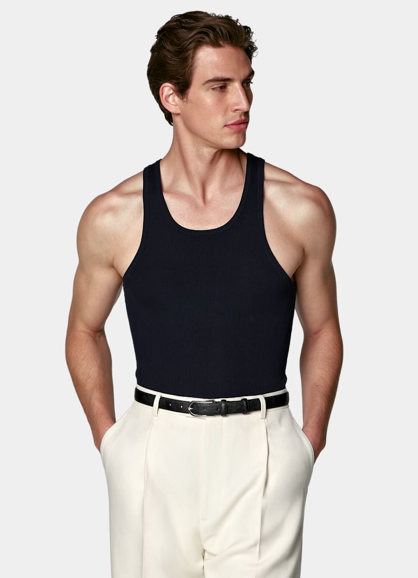 SUITSUPPLY Katoen-zijde&shy;mix Navy Ribgebreid Mouwloos Shirt