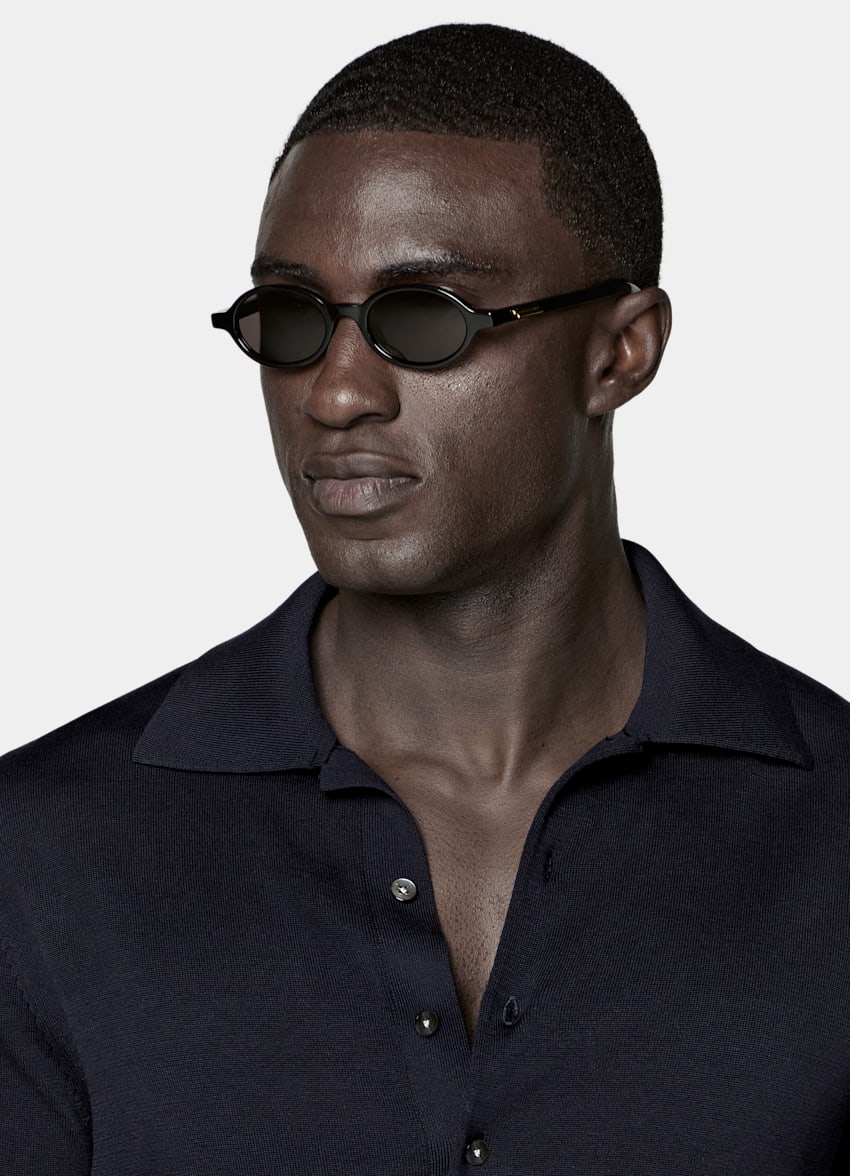 SUITSUPPLY Cotton Silk Navy Long Sleeve Polo