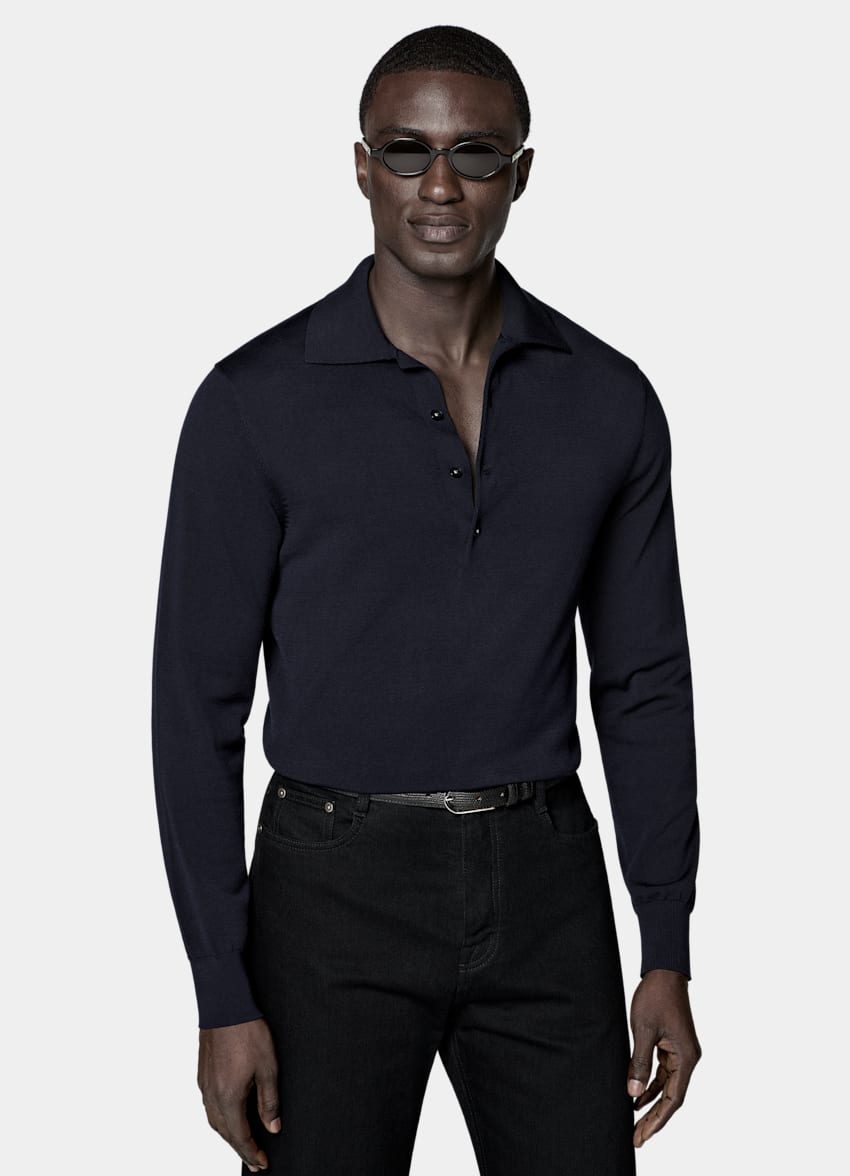 SUITSUPPLY Cotton Silk Navy Long Sleeve Polo