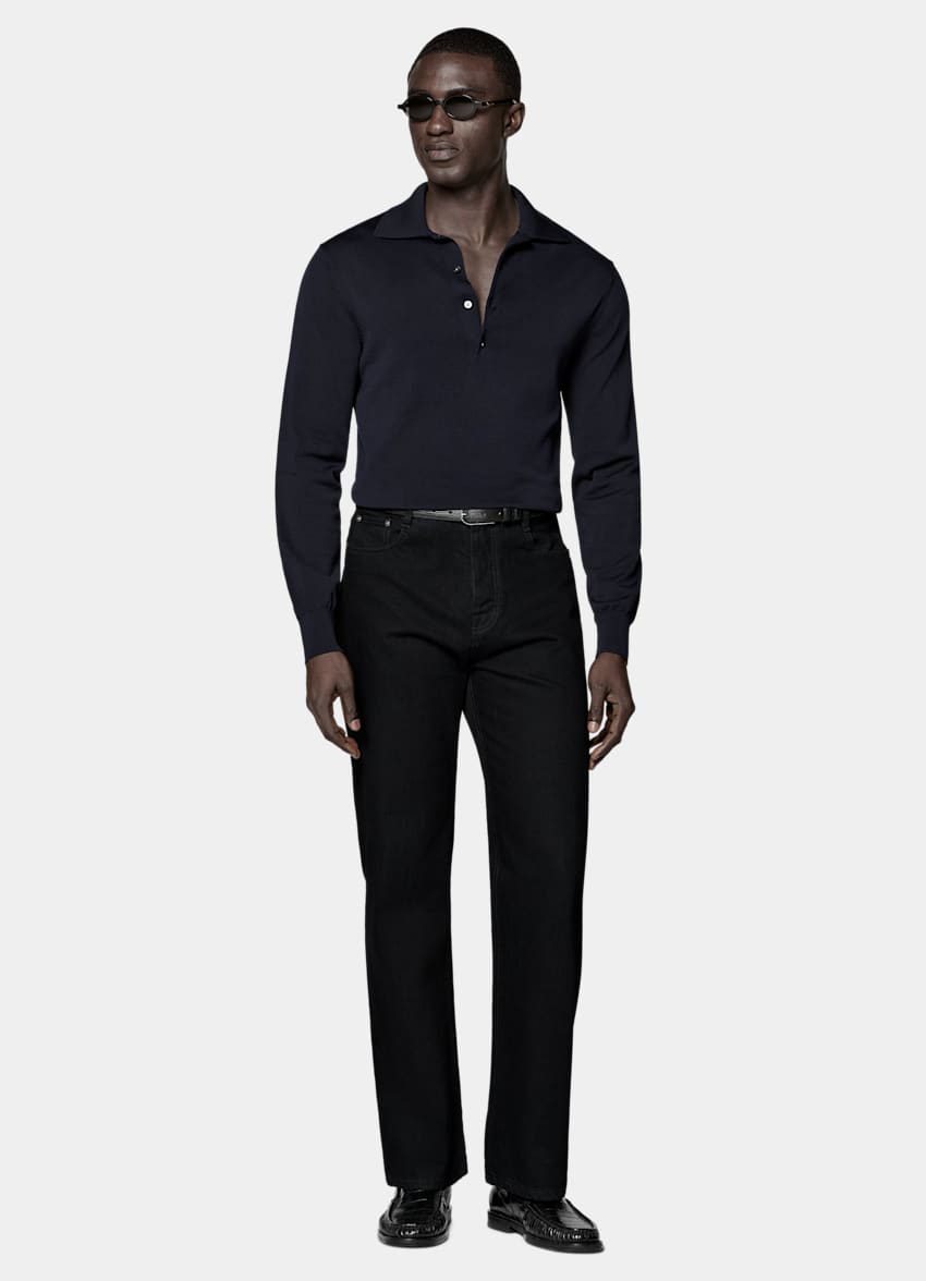SUITSUPPLY Cotton Silk Navy Long Sleeve Polo